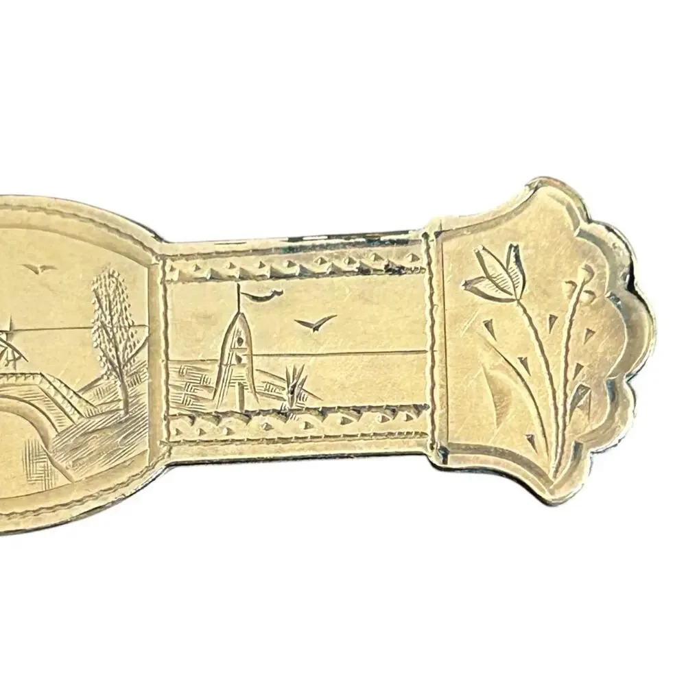 Victorian Aesthetic Movement Gold Filled Bar Pin 1877 Patent Engraved Landscape